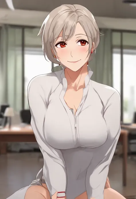 sfw, best quality, ultra high resolution, ultra detailed face and eyes, (photorealistic:1.4), blurred background, 1old woman, (solo:1.5), (hinata:1.2), from behind, hands behind back, 55 years old, elderly,teacher uniform,side,(black:white:green yoga pants...