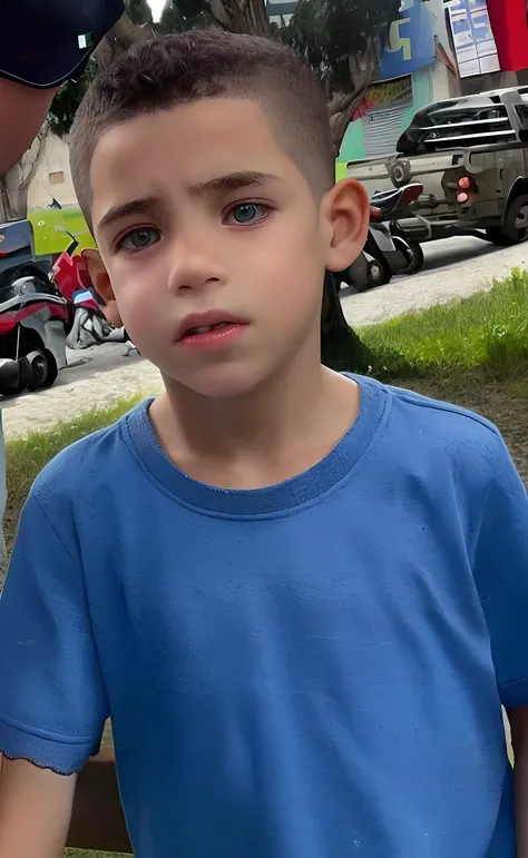 9-year-old, autista, dentes separados, cabelos baixo militar crespo, vestido uma camisa azul