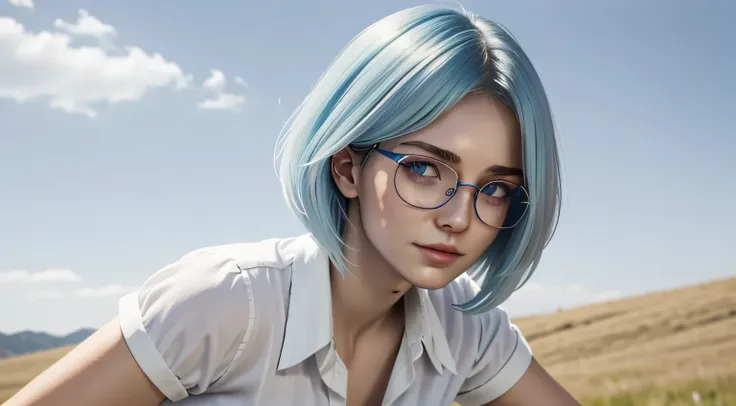 ((In the grass, a very cute woman wears a very short white silk miniskirt.) ((Wearing a white silk open shirt: 1.6.) 40k, photography, masterpiece, best quality, ((1 girl with blue eyes and gorgeous sky blue hair, she wears glasses on a beautiful face ,)),...