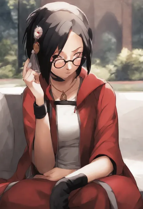 "Create a detailed character description Sarada Uchiha, uma personagem de anime. Ela tem cabelo preto, Dark eyes and wears glasses. Sarada wears a red coat and is known to be the heiress of the Uchiha clan, with remarkable abilities of the Sharingan. Your ...