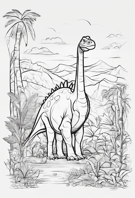 Im going to make a coloring book for the kids, The dinosaur was a brachiosaurus, The place is jungle, Like a cartoon, low detail, The line is weak, Let me have no shadows