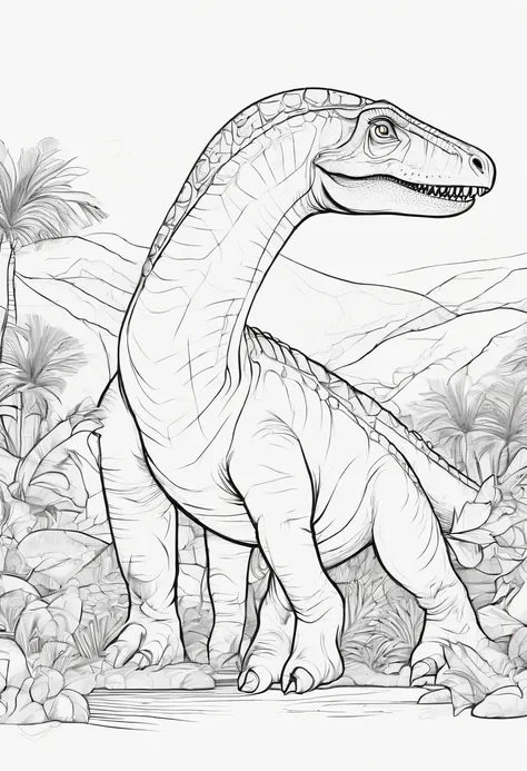 Im going to make a coloring book for the kids, The dinosaur was a brachiosaurus, The place is jungle, Like a cartoon, low detail, The line is weak, Let me have no shadows