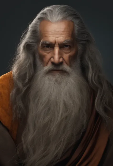 very old man, long hair, gray hair, big beard, gray beard, monk clothes, disturbed expression, wide eyes, crazy appearance, very realistic