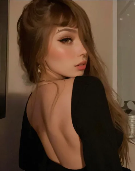 there is a woman with long hair and a black top, 2 Modelo feminina de 4 anos, mostrando o ombro de costas, 18 anos, Amouranth, imagem de perfil, Foto de perfil, Anna Nikonova aka Newmilky, 2 2 anos, olhando para o lado, olhando para o lado, vestindo um bod...