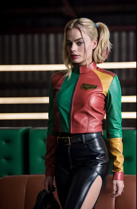 margot robbie: harley quinn, full-length leather fit, futuristic warehouse filled with neon red and green background, superréali...