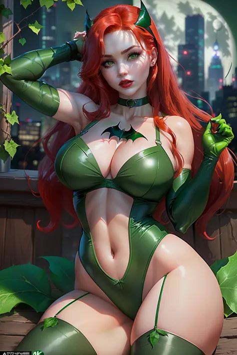 ((squatting))((Poison ivy from batman comic series)) (beautiful face)(glowing eyes)(red lips)((pale green skin)) ((long redhead straight hairstyle))) ((very huge breasts) (perfect slim body) (wears sexy string bodysuit made with green leafs)) ((choker, lon...