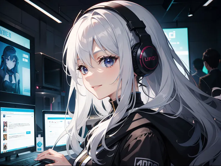 Woman using computer with big screen、silber hair、Semi-long hair、A smile,Wearing cool headphones,{{{{{{{{ Black Parker Oversize }}}}}}}},