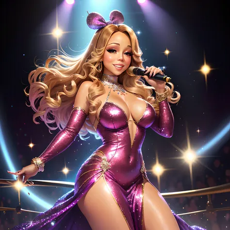 Mariah Carey dressed in a glittery outfit. It has a lot of shine around it. Her makeup and hair are adorned with glitter. Disney princess cartoon style