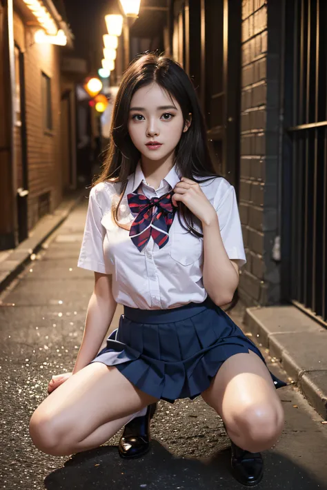 1womanl、(Super beautiful)、(beauitful face:1.5)、(Clear pubic contours)、Spread your legs、(high-school uniform:1.2)、(Dark blue pleated skirt:1.2)、(Alley at night)、(At SFW:1.3)