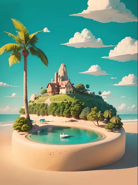 Small island, palm, sun, cloud, tapete flying, obove sea, illustration in cartoon style. Adicionar elementos naturais, E use uma paleta de cores suave para criar uma atmosfera relaxante.