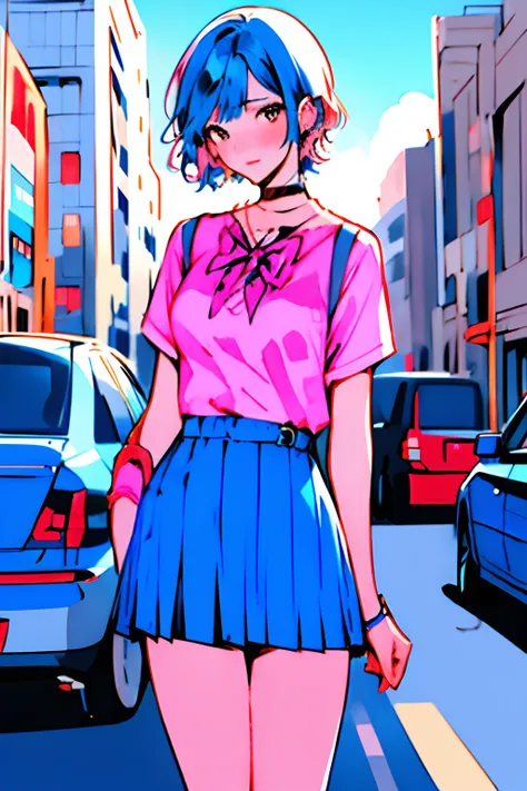 best quality, master piece, blue and pink,1 girl, short hair, school uniformï¼street, car ,store, flower, . sexy, nsfw