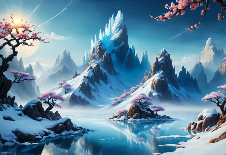 Space Magic Week， Magic concept art highlights，Ancient Chinese landscapes，snow mountains，snowy peak，mountain ranges，Winters，snowflower，Snow and ice cover，Ice Lake，Cold，branches，Bleak，fog atmosphere，blue-sky，baiyun，Rime，Winter sun，north wind，Icicles，snow la...