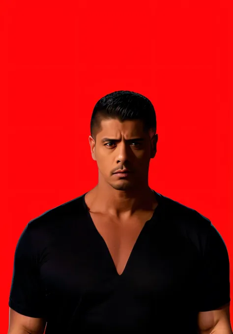 Arafed man in black neckline shirt standing in front of a red background, Hes wearing a black V-neck T-shirt, no fundo vermelho, Directed by: Giorgio Cavallon, Raphael Personnaz, Ricardo Milos, Directed by: John Cat, Directed by: Alejandro Obregon, FOTO OF...