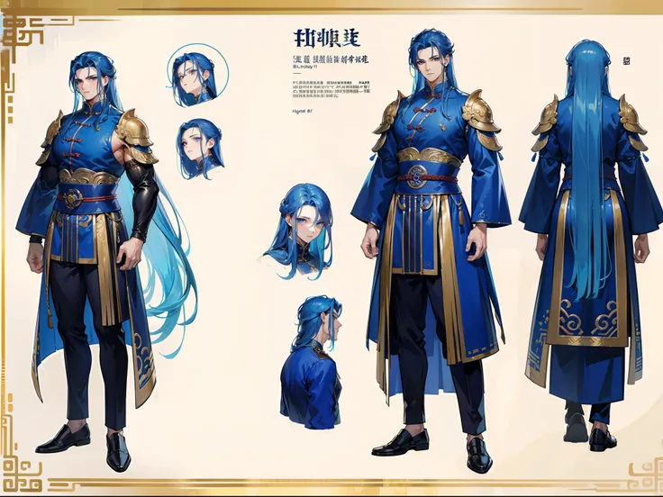 ((Masterpiece, Highest quality)), Detailed face, character design sheet， full bodyesbian, Full of details, frontal body view, back body view, Highly detailed, Depth, Many parts, Muscle boy with long blue hair，handsome man, muscle body, Traditional chinese ...