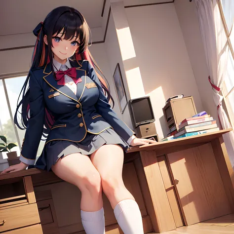 a beauty girl，Ribbon on uniform，blazers，A smile，girl，anime a girl，top-quality，Colossal tits，​masterpiece，Excellent style，Erotic Cute，long，超A high resolution，beautiful a girl，Lovely girl，multicolored hair，Loose socks，Perfect Beautiful Girl，