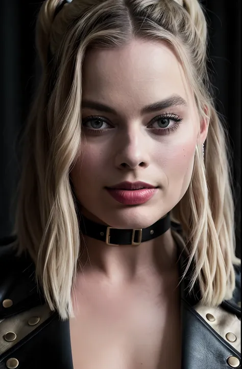 margot robbie: harley quinn, coupe en cuir sur toute la longueur, superréaliste, hyperrealistic, detailded, affiche de film, rea...