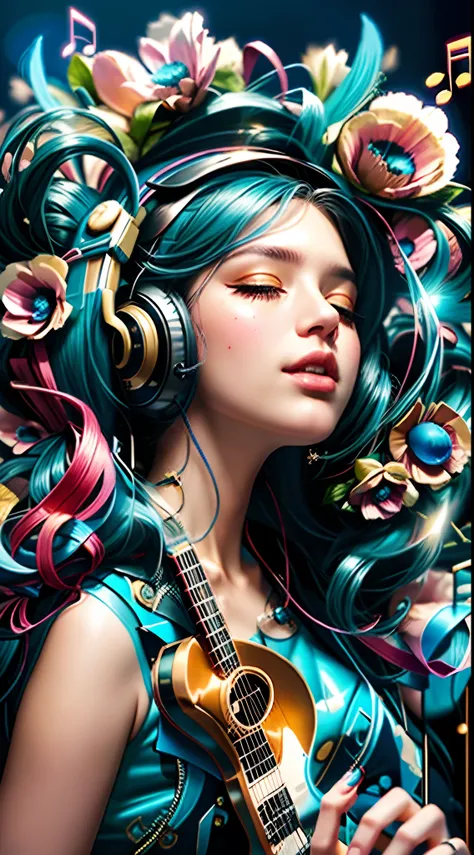 um close up de uma mulher com fones de ouvido e uma guitarra, Beeple e Jeremias Ketner, exquisite digital illustration, bela arte digital, Beautiful digital illustration, stunning digital illustration, lindo arte digital, com fones de ouvido, Artgerm e Jam...