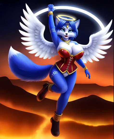 Krystal fox as an angel, halo, white soft wings, boobs, red lipstick, flying, heart corset