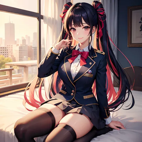 a beauty girl，Ribbon on uniform，blazers，A smile，girl，anime a girl，top-quality，Colossal tits，​masterpiece，Excellent style，Erotic Cute，long，超A high resolution，beautiful a girl，Lovely girl，multicolored hair，Loose socks，Perfect Beautiful Girl，