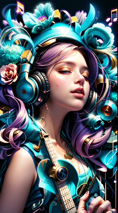 um close up de uma mulher com fones de ouvido e uma guitarra, Beeple e Jeremias Ketner, exquisite digital illustration, bela arte digital, Beautiful digital illustration, stunning digital illustration, lindo arte digital, com fones de ouvido, Artgerm e Jam...