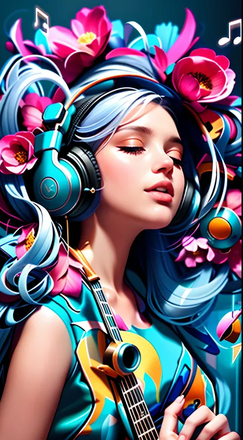 um close up de uma mulher com fones de ouvido e uma guitarra, Beeple e Jeremias Ketner, exquisite digital illustration, bela arte digital, Beautiful digital illustration, stunning digital illustration, lindo arte digital, com fones de ouvido, Artgerm e Jam...