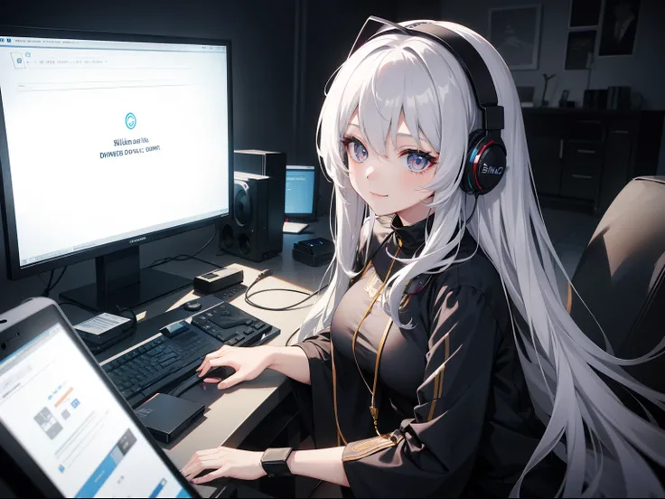 Woman using computer with big screen、silber hair、Semi-long hair、A smile,Wearing cool headphones,{{{{{{{{ Black Parker Oversize }}}}}}}},beautiful and delicate golden eyes,