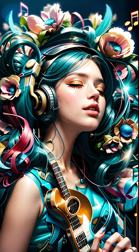 um close up de uma mulher com fones de ouvido e uma guitarra, Beeple e Jeremias Ketner, exquisite digital illustration, bela arte digital, Beautiful digital illustration, stunning digital illustration, lindo arte digital, com fones de ouvido, Artgerm e Jam...