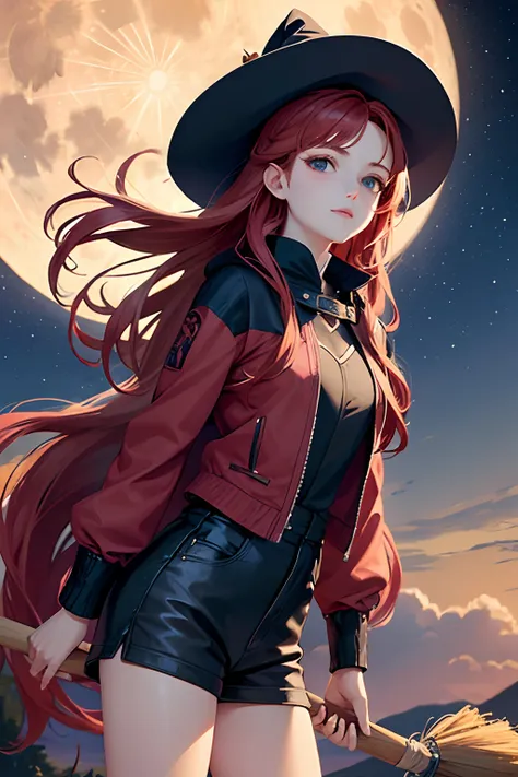 Dainty young witch rides a broom, Long red hair blown by the wind, Let her fly freely in the night sky of the full moon,Shorts and jackets,