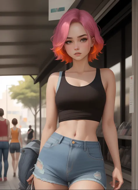 （Realista， low-res：1.3）， 1 menina com um corpo perfeito， rosto e olhos super finos，cabelos compridos， Random color tank：1.2， denim short pants， peito grande，Expor clivagem