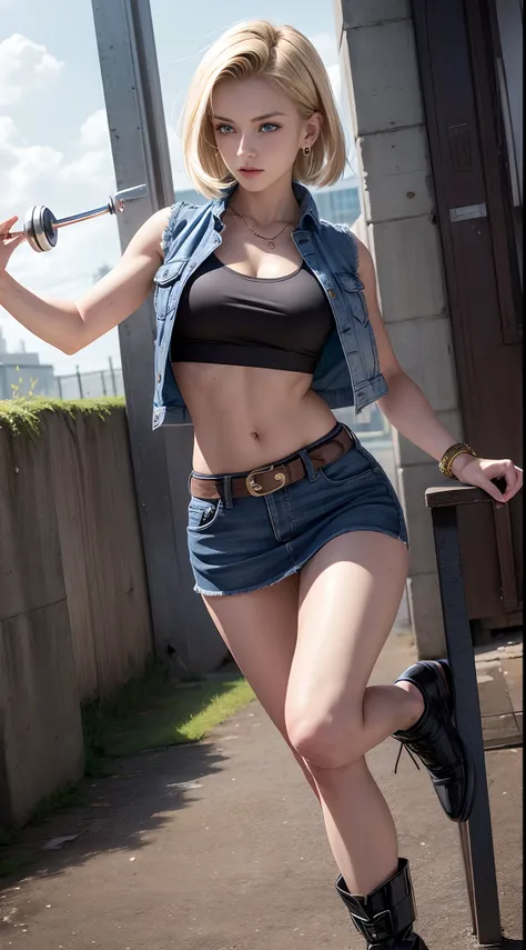 Best Quality, hight resolution, and18, 1girl in, Android 18, Solo, Blonde hair, Blue eyes, Short hair, Looking away with a serious expression.，earrings, Jewelry, Denim Vest, open vest, Black Sports Bra, Jeans miniskirt,  Blue mini skirt, tiny chest, Cowboy...