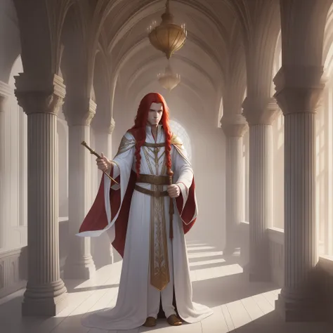 A magic staff, a young man with long red hair in a white robe, a room with columns. Dark fantasy with realism.