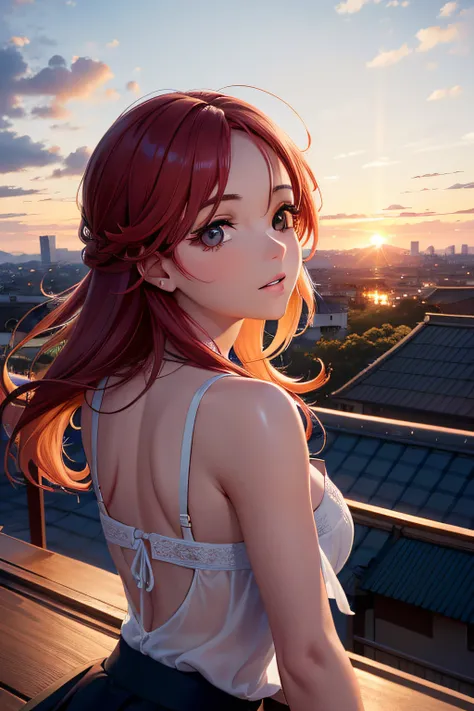 A beautiful young woman looks at the sunset sky from a rooftop, outono, cores de outono, Folhas, brazi