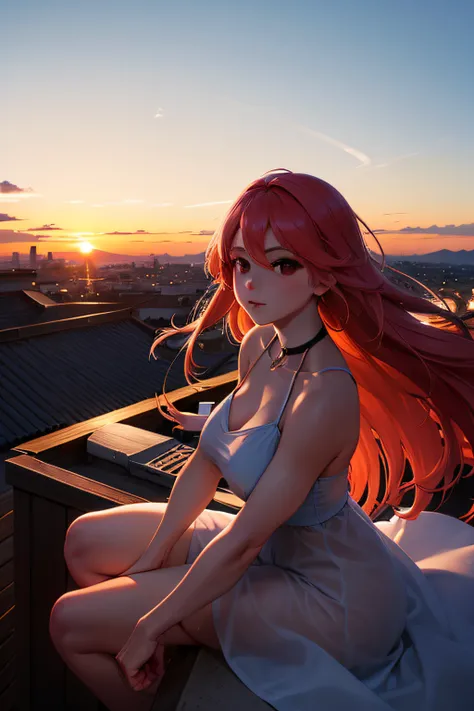 A beautiful young woman looks at the sunset sky from a rooftop, outono, cores de outono, Folhas, brazi