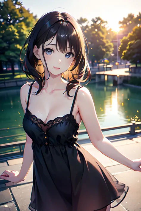 1young girls, Extremely beautiful, (Extremely cute), (extremely detailed beautiful face), Amazing face and eyes, rather dense hair、slightly brighter eyes、no-makeup、(Mini dress with camisole)、(Best Quality:1.4), (Ultra-detailed), extremely detailed CG unifi...