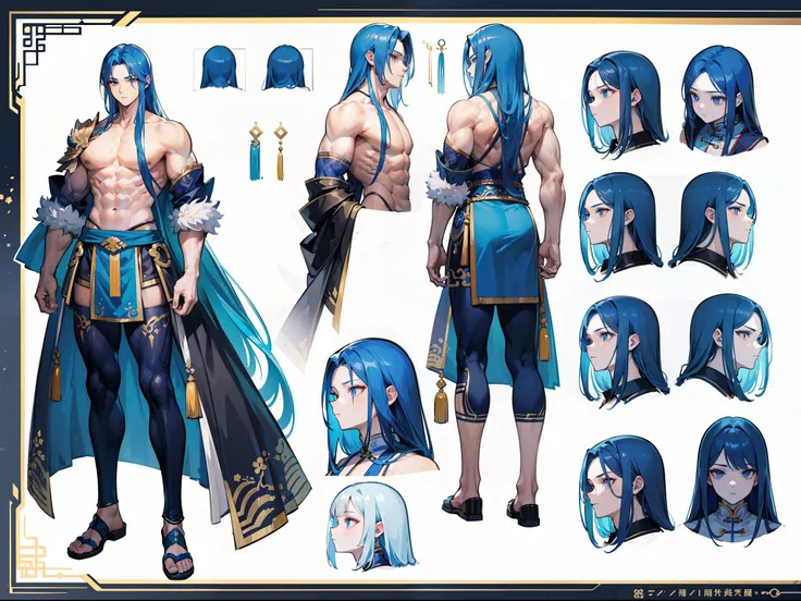 ((Masterpiece, Highest quality)), Detailed face, character design sheet， full bodyesbian, Full of details, frontal body view, back body view, Highly detailed, Depth, Many parts, Muscle boy with long blue hair with long bangs，handsome man, muscle body, Trad...