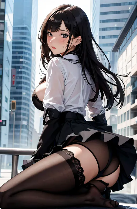 sexy girl seen showing her underwear, (marked ass), ((upskirt)), sexy underwear, sheer pantyhose, long stockings, skirts, shorts, cityscape, (detailed face), blush, detailed eyes, detailed, detailed hand, photorealistic image.