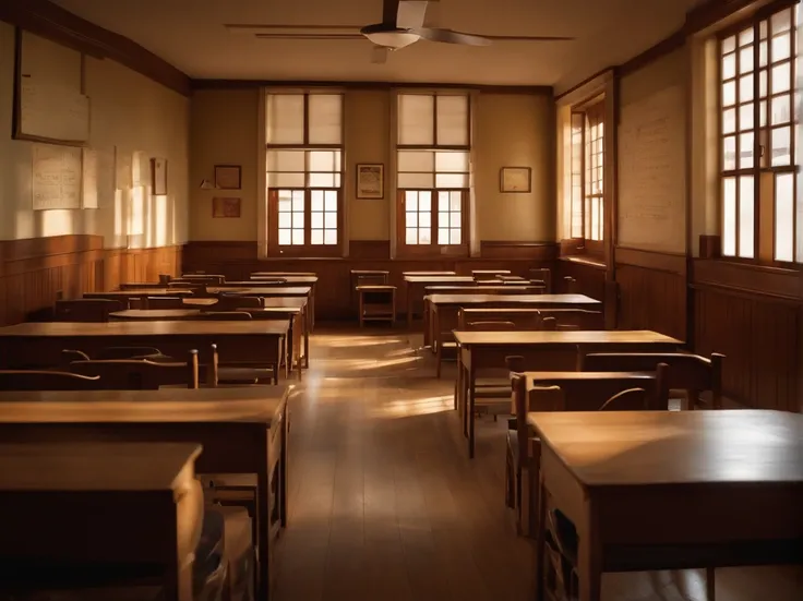 Immersive depiction of a classroom in Japan illuminated by majestic lighting, Capture in a photorealistic style. Lighting softly illuminates the room, Natural shine, Highlight the intricate details of a space. Scenes are meticulously rendered in high resol...