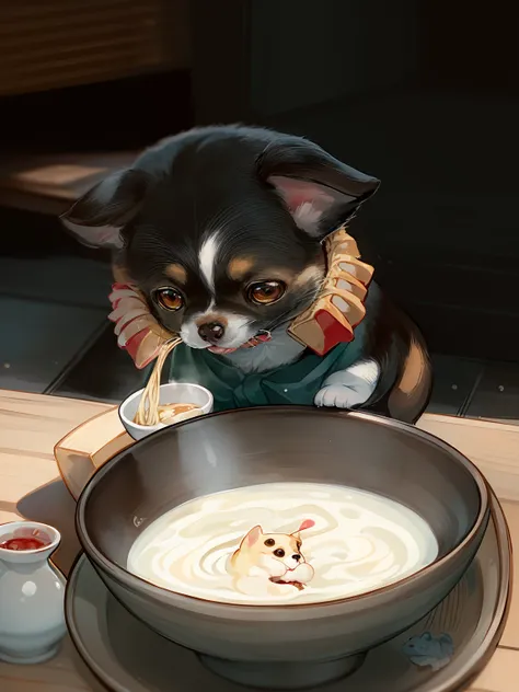 There is a small Chihuahua dog sitting in front of a bowl of milk, soey milk, ginko showing a new mushi, closeup at the food, taken with sony alpha 9, Eating ramen, けもの, sougetsu, shrine maiden, puddle of milk, having a snack, anthropomorphic dog eating, S...