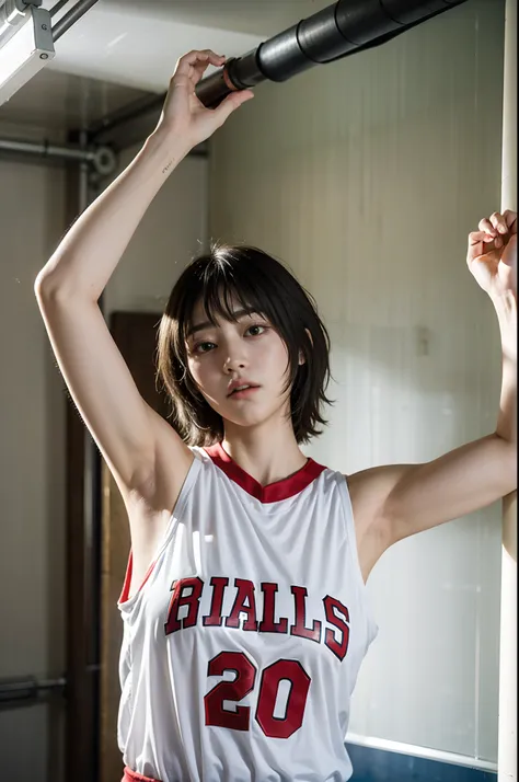 Manga Haruko Akagi，Lie flat on the indoor basketball court，Wear a white and red NBA Bulls basketball shirt，（8K，best qualtiy，tmasterpiece：1.2），（realisticlying，realisticlying：1.37），ultra - detailed，best qualtiy，超高分辨率，profesional lighting，photon maping，Radio ...