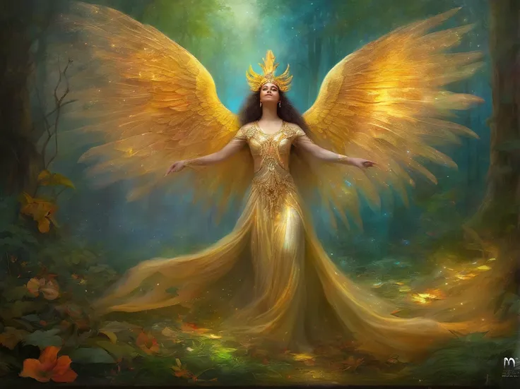 masterpiece Guardian of the Enchanted Grovean isis goddess with iridescent, wing-like pauldrons, standing tall amidst an ethereal grove of towering, luminescent the forest floor covered in sparkling dewdrops, a mystical aura emanating from her presence, th...