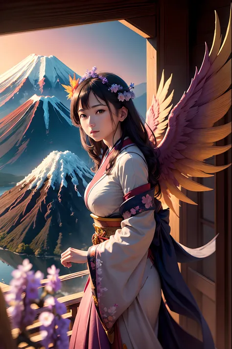 Masterpiece, top quality, super detailed, high resolution CG, 16K wallpaper, cinematic lights, official art, Japanese landscape, ((1 phoenix in flight)), ((Mt Fuji)), wisteria flowers, lake, Kiyomizu stage, pink moon, realistic masterpiece, exquisite detai...