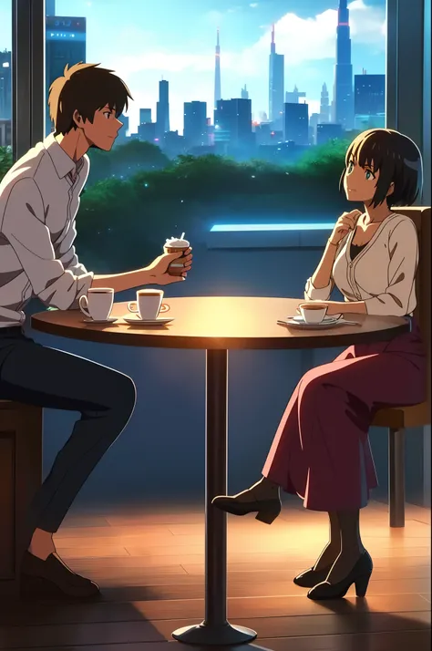 a boy and a girl having tea in a cafe, futuristic city background, highly detailed, ((masterpiece, best quality, photo realistic...