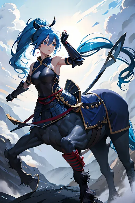 4k,hight resolution,One Woman,centaur,Blue hair,Long ponytail,samurais,Blue samurai armor