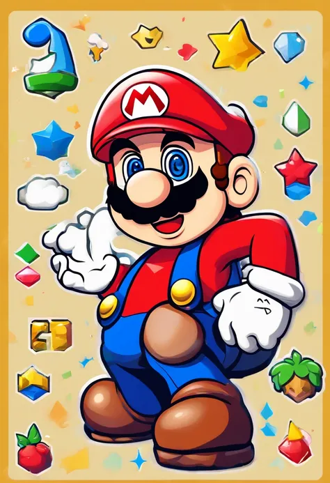 (Mario), design de personagens, Nintendo Super Mario, (olhos azuis, red hat, terno vermelho, blue suspenders, luvas brancas, )super bonito estilo caixa cega, Chibi, corpo inteiro, exaggerated expressions and actions, fundo limpo, Destaques iridescentes bri...