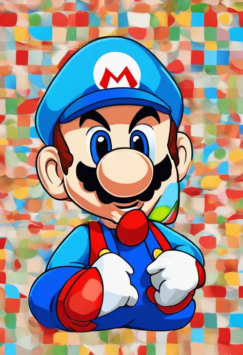 (Mario), design de personagens, Nintendo Super Mario, (olhos azuis, red hat, terno vermelho, blue suspenders, luvas brancas, )super bonito estilo caixa cega, Chibi, corpo inteiro, exaggerated expressions and actions, fundo limpo, Destaques iridescentes bri...