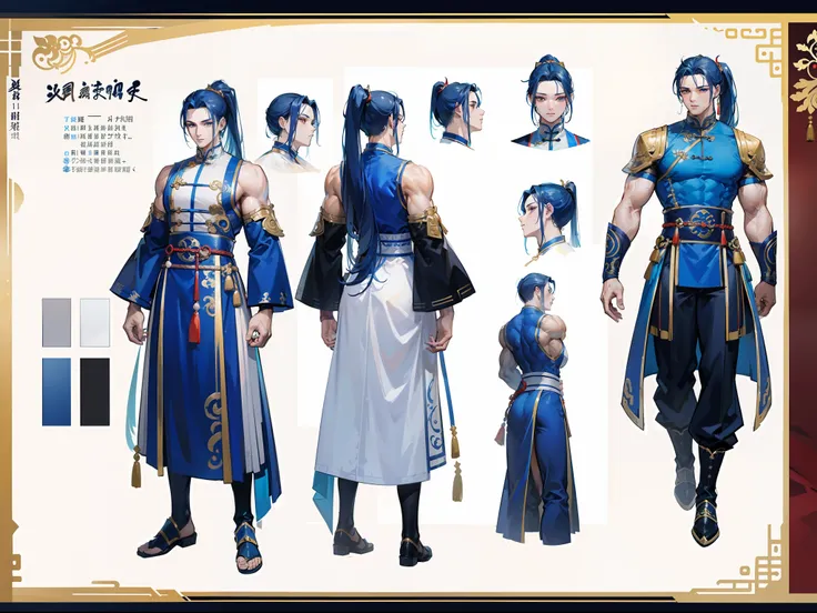 ((Masterpiece, Highest quality)), Detailed face, character design sheet， full bodyesbian, Full of details, frontal body view, back body view, Highly detailed, Depth, Many parts, Muscle boy with ponytail long blue hair，handsome man, muscle body, Traditional...