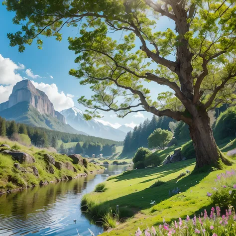 A serene, emerald-green meadow stretches out as far as the eye can see. The grass is lush and vibrant, swaying gently in the breeze. In the center of the meadow stands an ancient, gnarled tree with sprawling branches that reach towards the sky. The tree is...