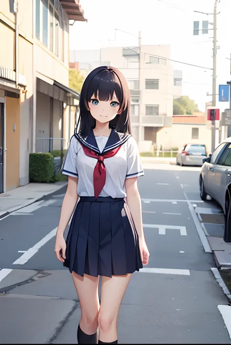 Masterpiece, hd, anime, 2d, longhair, school uniform, standing, outdoor, streets