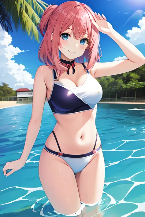 swim wears、hposing Gravure Idol、A pink-haired、1girl in, Blue eyes,Medium Hair Solo,  Smile