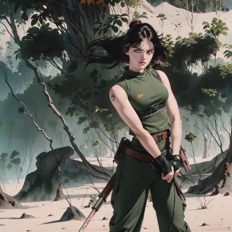 a woman poses in a desert area, time traveling bloodthirsty gunwoman, muscle girl, green uniform, gorgeous female, a sexy brunette warrior, (anna faris:1.3), cool scars, facial expression (crazed:1.2)